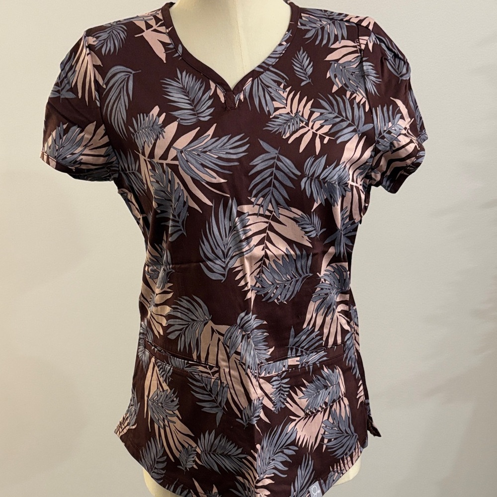 Jaanuu Brown and Pink Leaf Print Short Sleeve scrub Top
